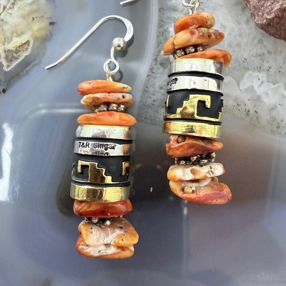 Tommy&Rosita Singer Sterling Silver Orange Spiny Oyster Beads Dangle Earrings #1